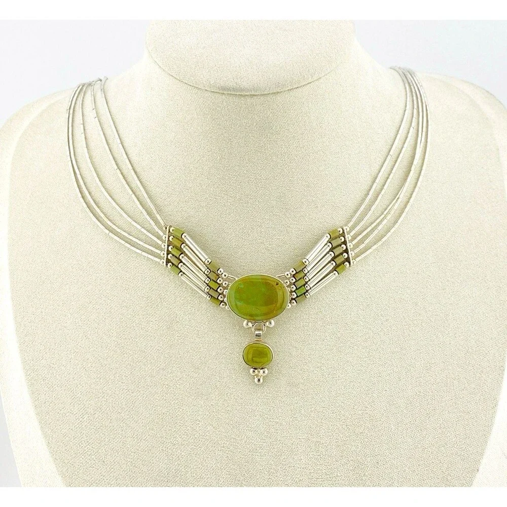 Sterling Silver Green Turquoise Multi Strand Liquid Silver Necklace Adjustable